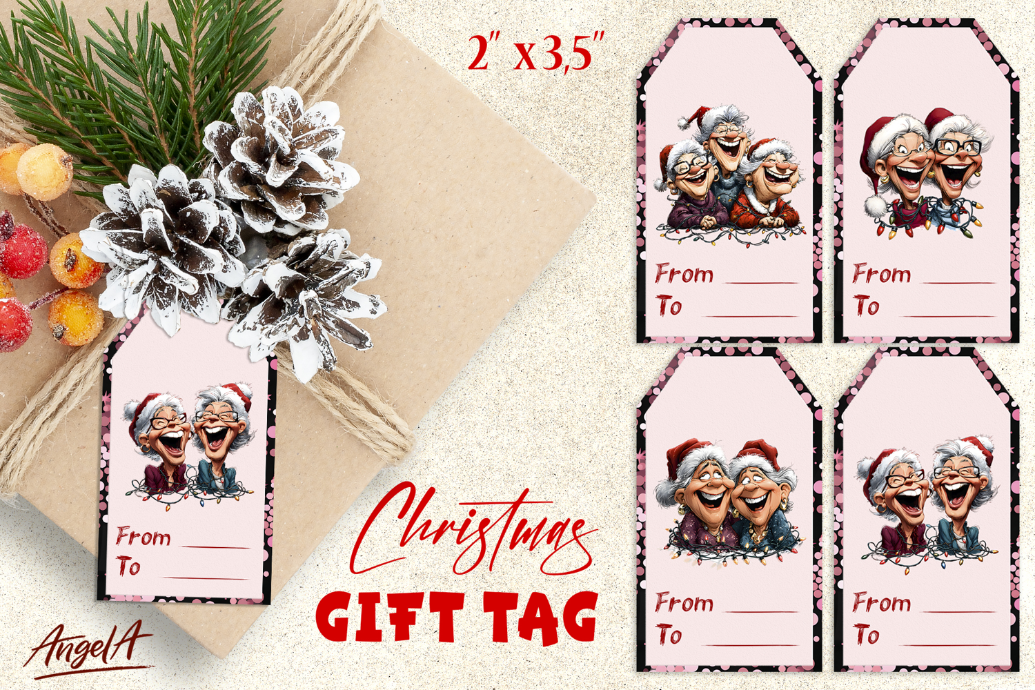 Christmas gift tags, Holiday gift label Lady Christmas hat product image 1