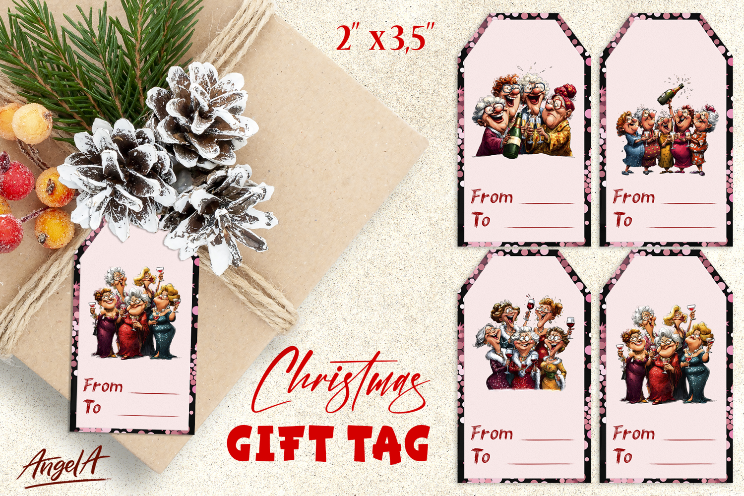 Christmas gift tags, Holiday gift label Ladies drinking wine product image 1