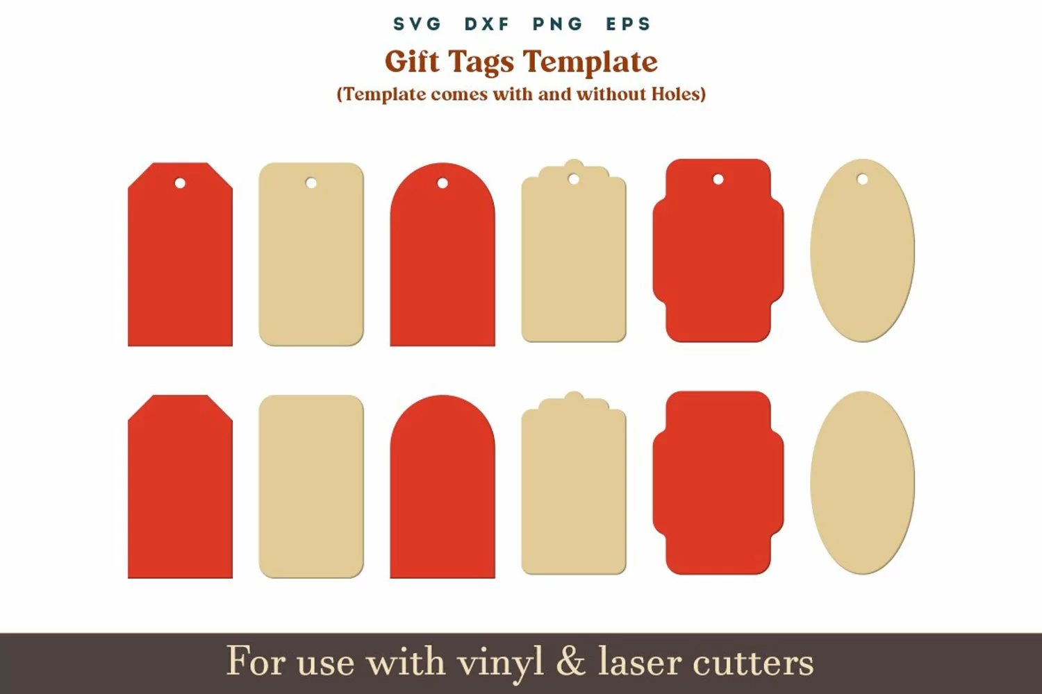 Gift Tags Template featuring various tag designs in both 'With Tag Hole' and 'Without Tag Hole' options. Tag shapes include Classic Tag, Rounded Rectangle, Rounded Top Tag, Scalloped Tag, Bracket Tag, and Oval Tag, all available in sizes ranging from 2x3.