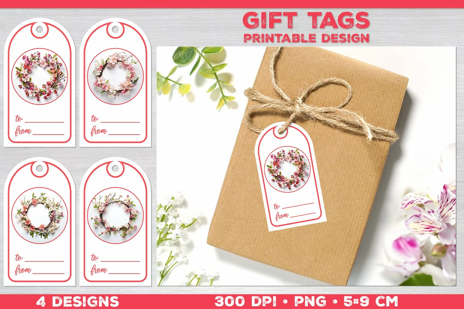 Gifts with spring flower wreaths. Spring tags product image 1