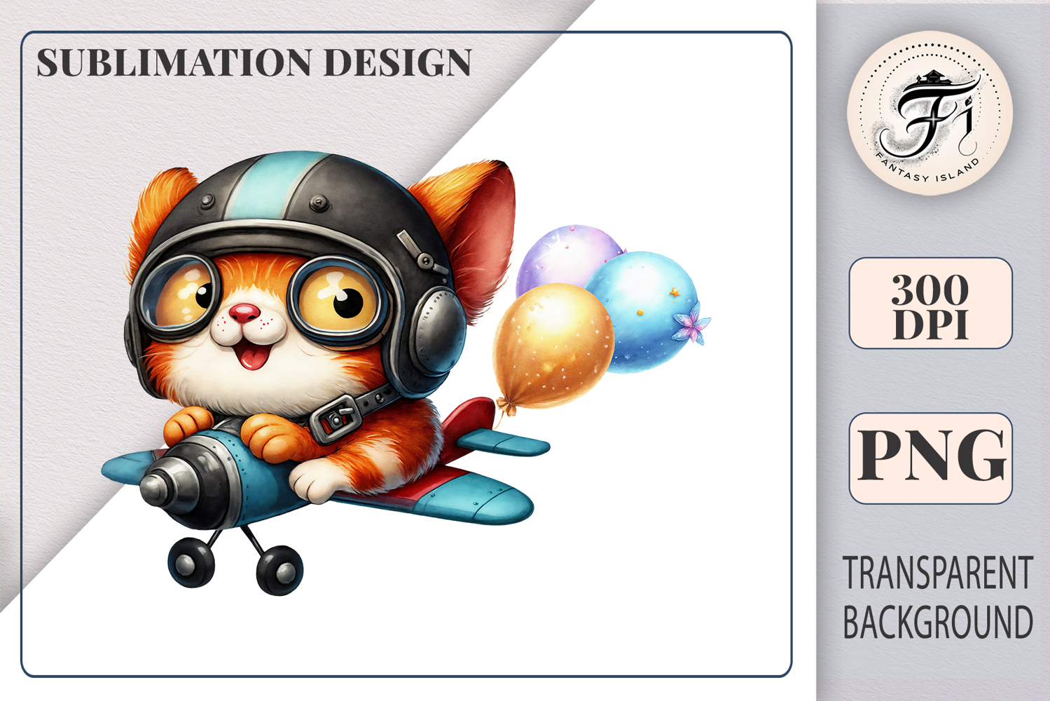 Adorable ginger pilot cat in vintage goggles with balloons – perfect for baby shower prints and kids decor.