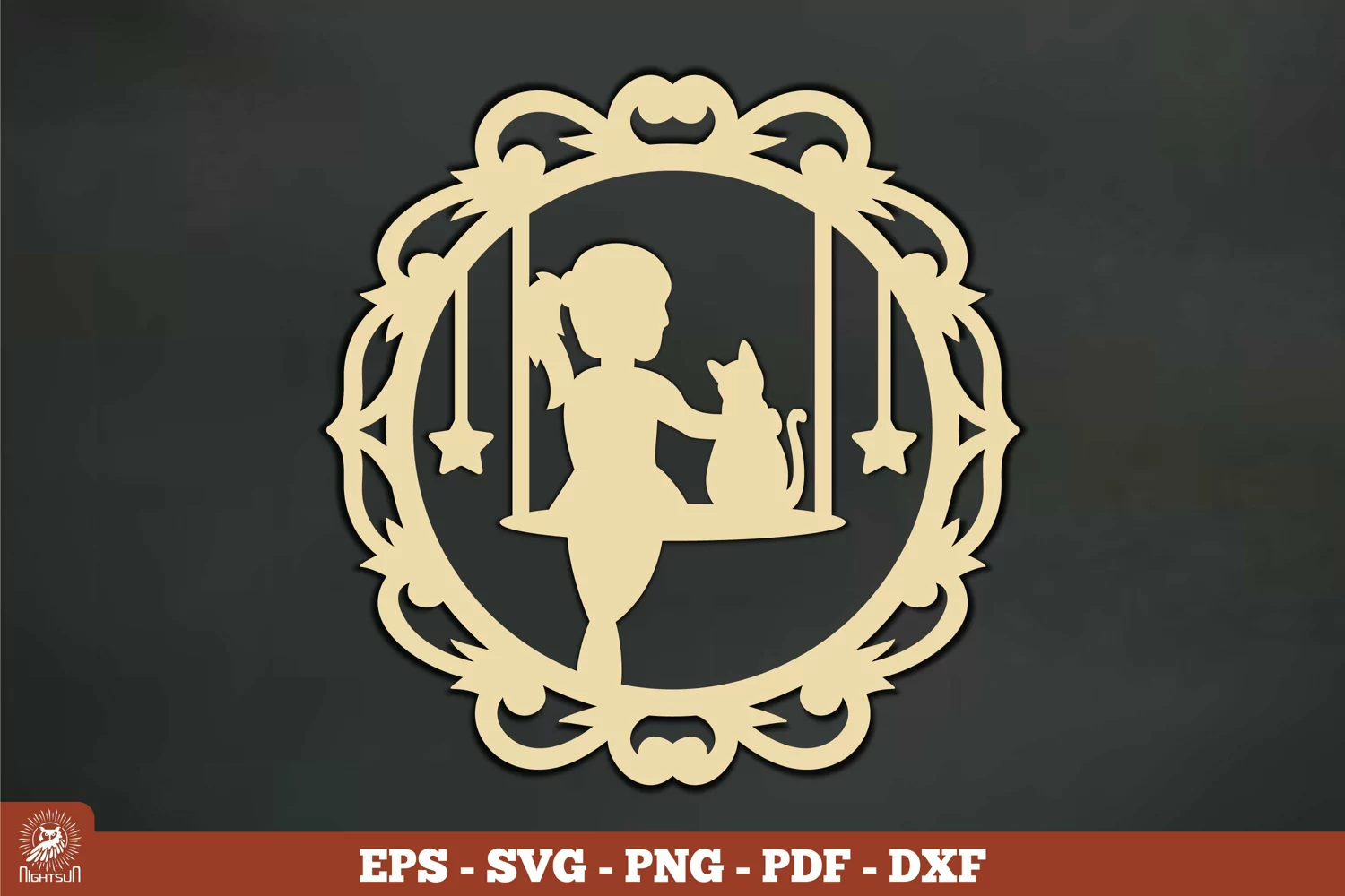 Girl and Cat Ornament Vintage SVG product image 1