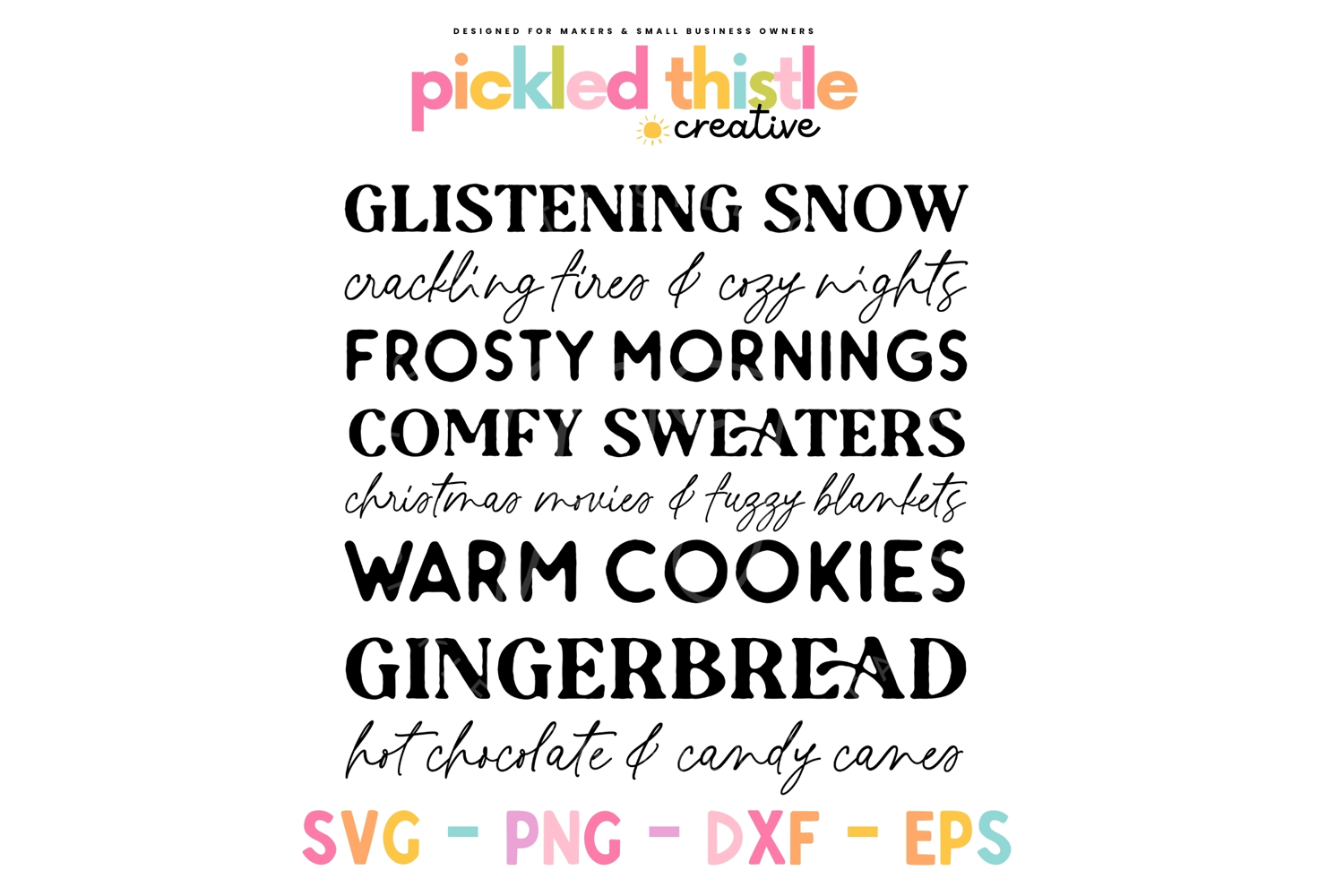 Farmhouse stencil SVG mockup: layered text listing winter phrases and “Gingerbread” in rustic script and stencil styles.