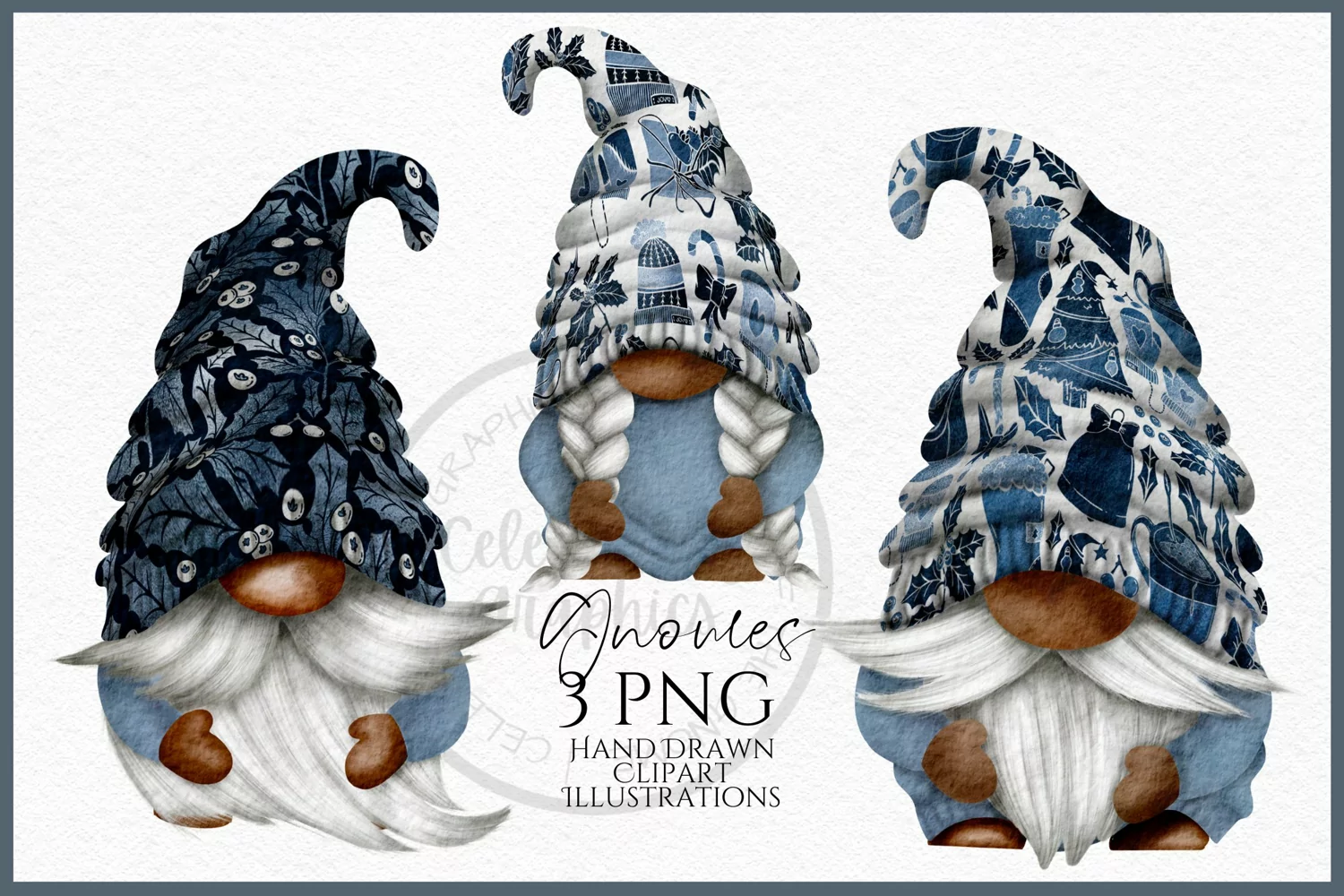 Blue Christmas Dark Skin Gnomes Watercolour Clipart PNG product image 1