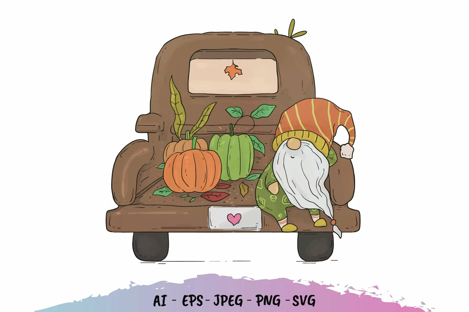 Fall Vintage Truck with Gnome - Watercolor Design product image 1