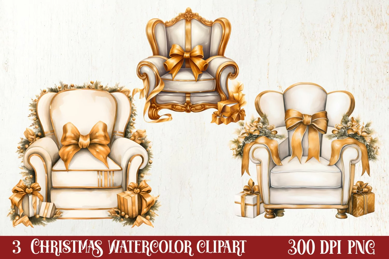 Gold Christmas Watercolor Clipart Sublimation, Christmas PNG product image 1