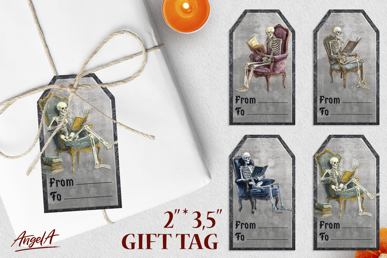 Book lover Halloween gift tags, funny skeleton reading book product image 1