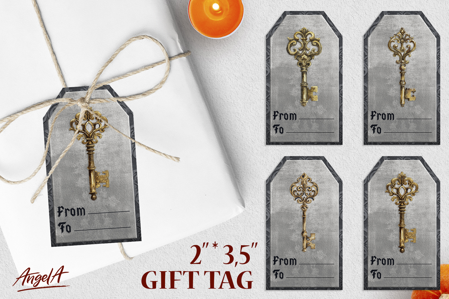 Gothic gift tags, vintage golden key PNG product image 1