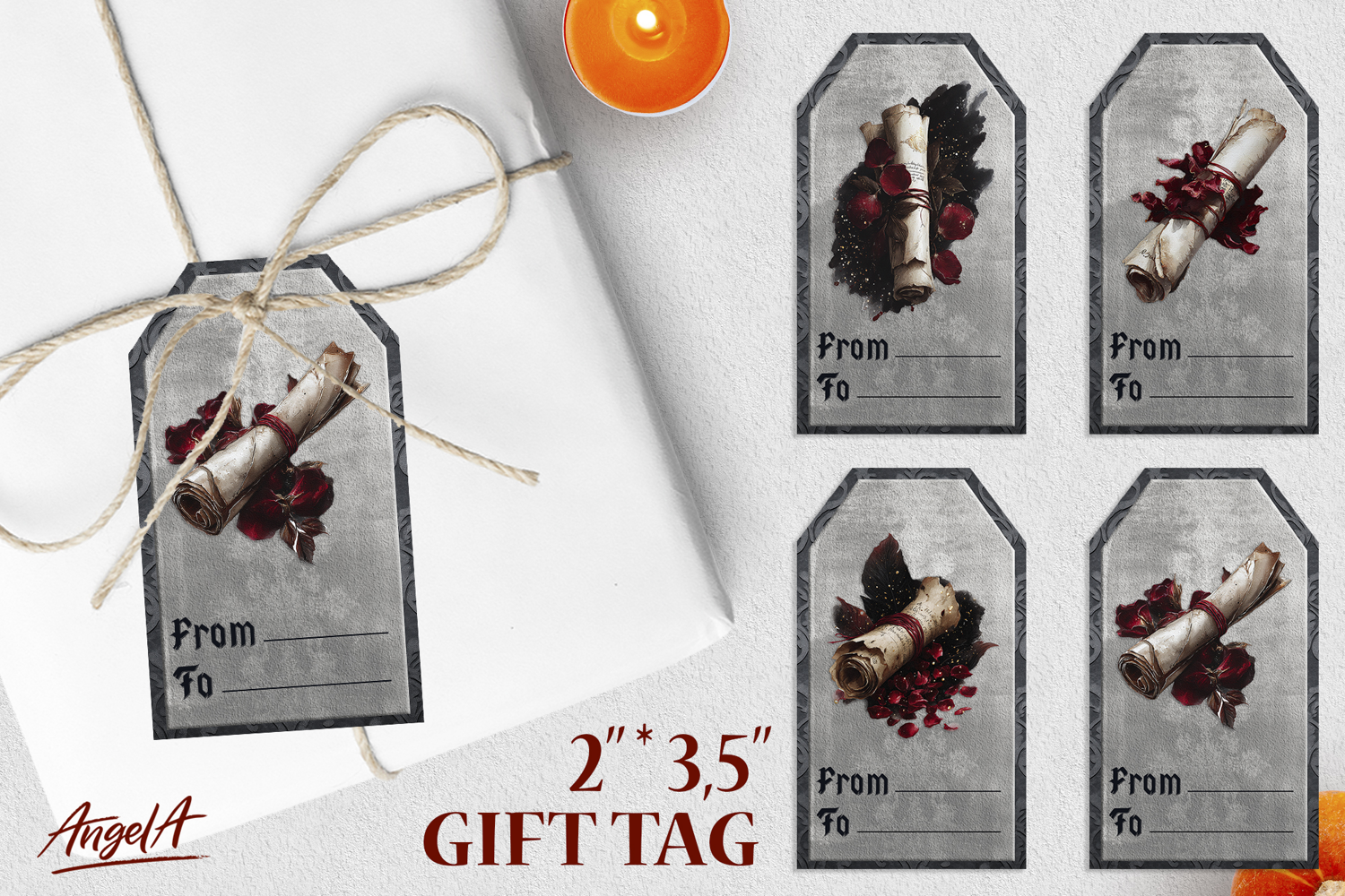 Gothic gift tags, retro papyrus with red roses PNG product image 1