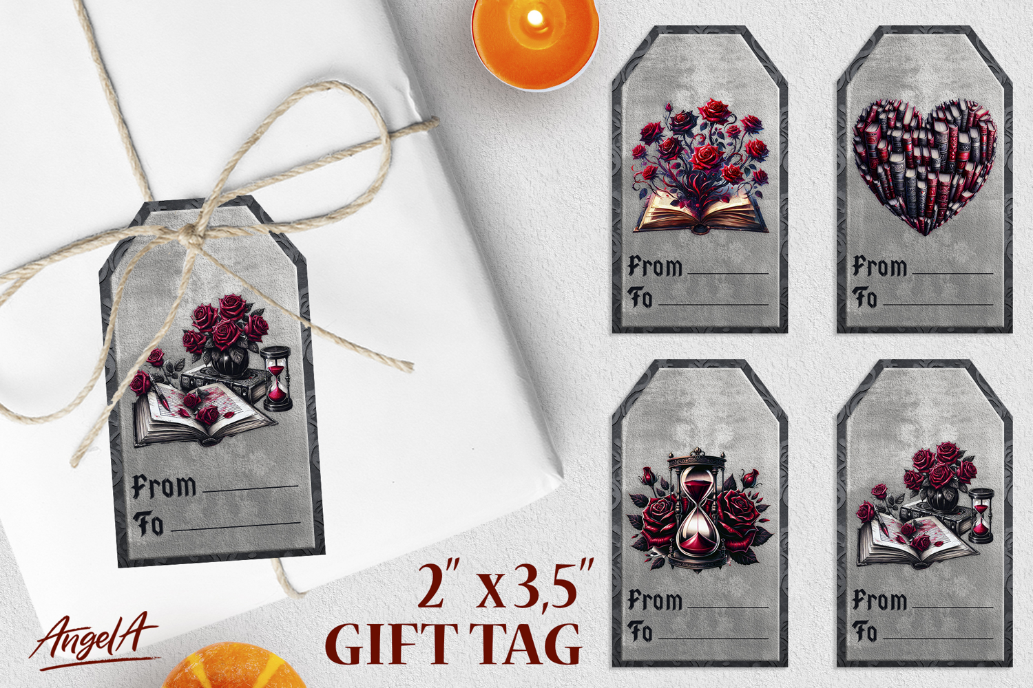 Book lover gift tags, gothic vintage hourglass, open book product image 1
