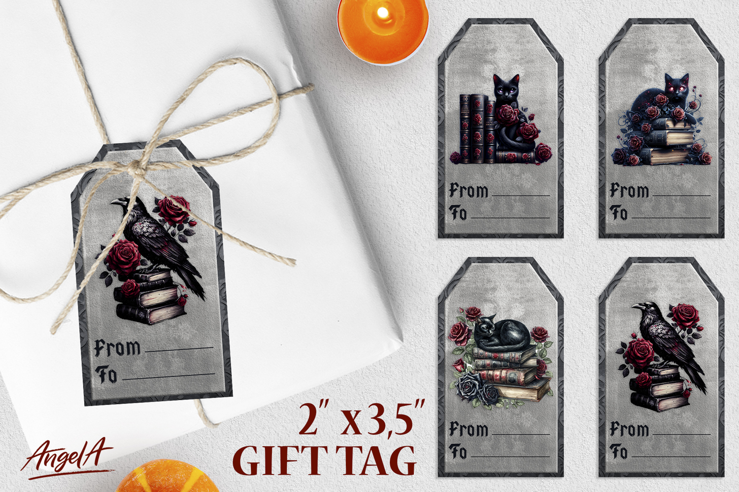 Book lover gift tags, gothic vintage, black cat, raven product image 1