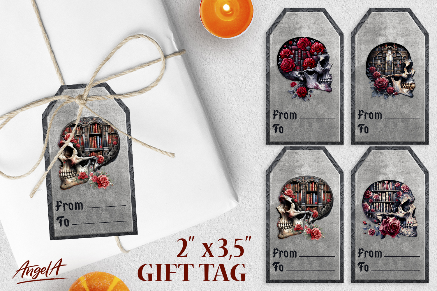 Book lover gift tags, gothic floral skull books and red rose product image 1
