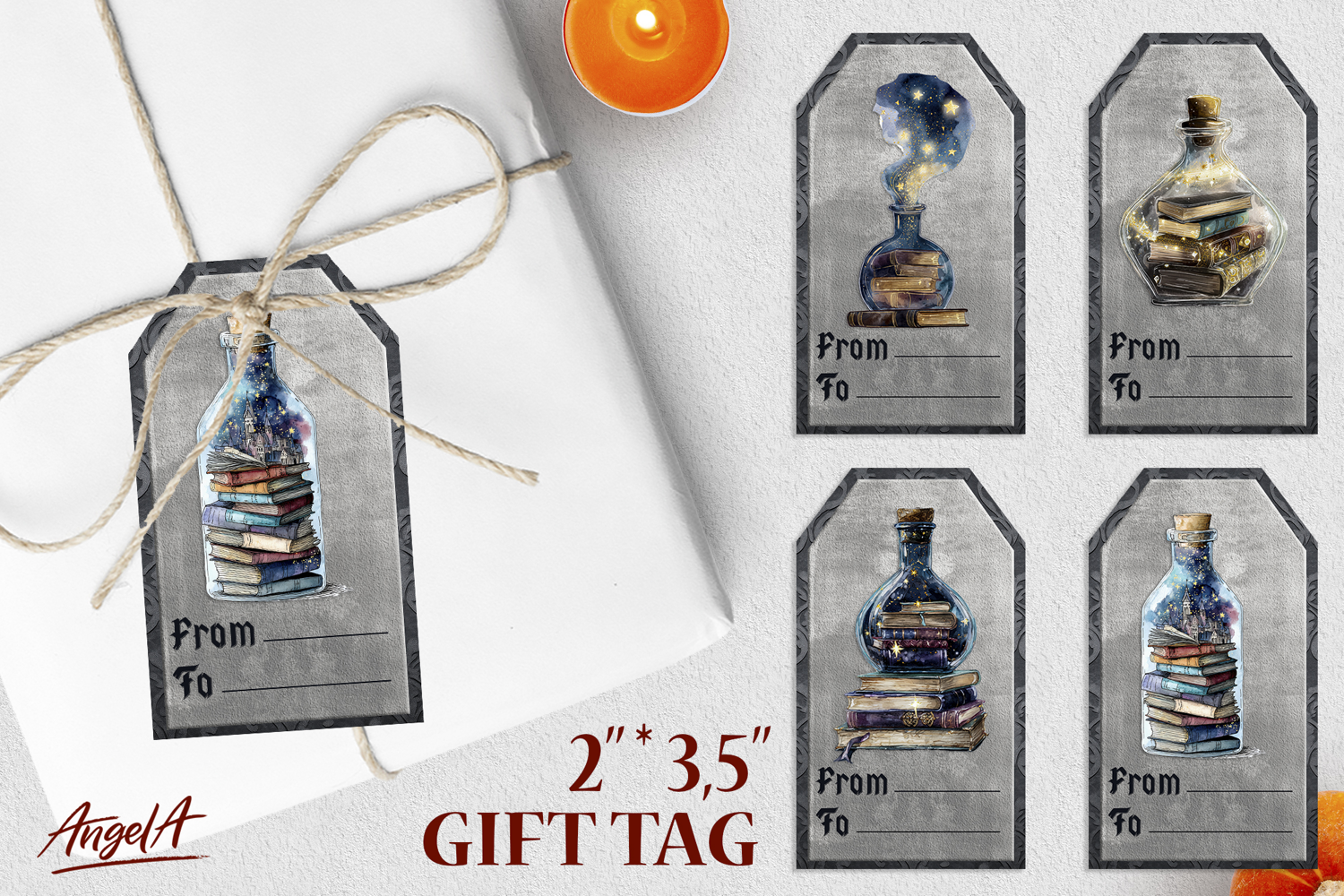 Book lover gift tags, magic bottle with stack of books PNG product image 1