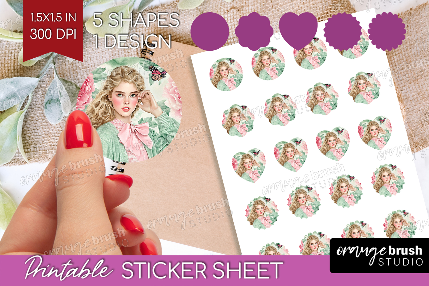 Cottagecore Round Sticker - Green Coquette Printable Sheet product image 1