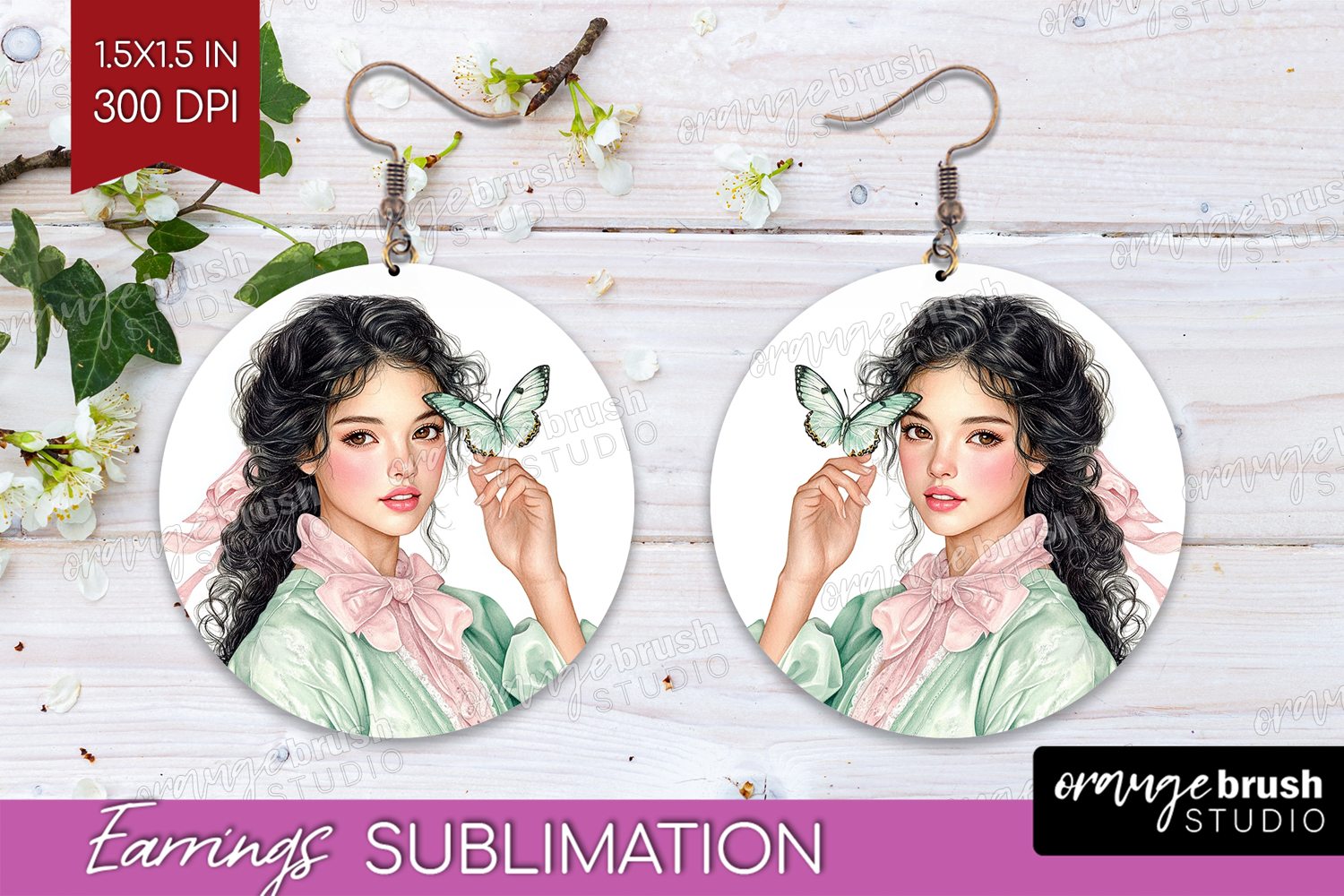 Cottagecore Round Earrings - Green Coquette PNG Sublimation product image 1
