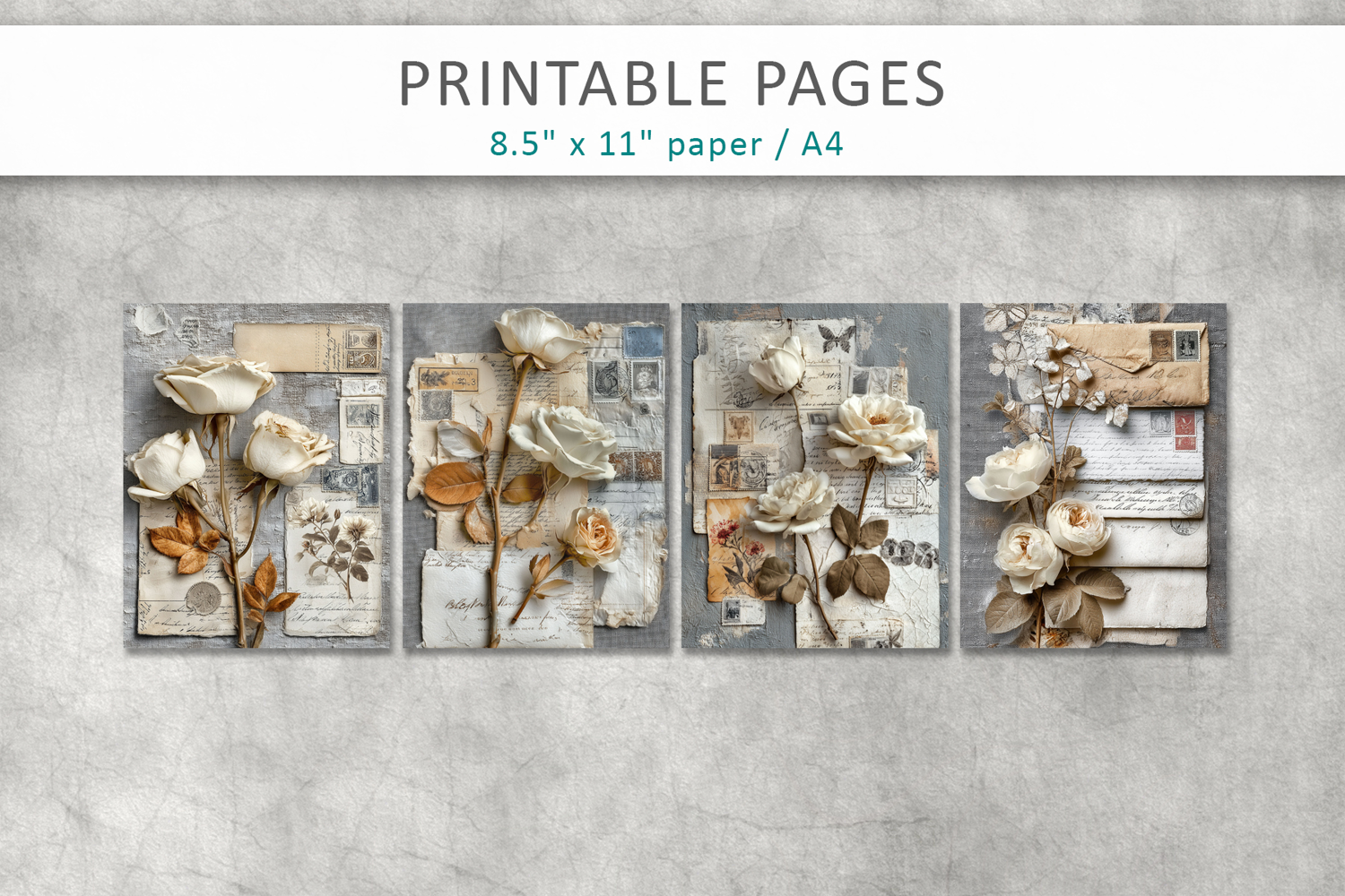 vintage junk journal pages, flowers vintage aged papers product image 1