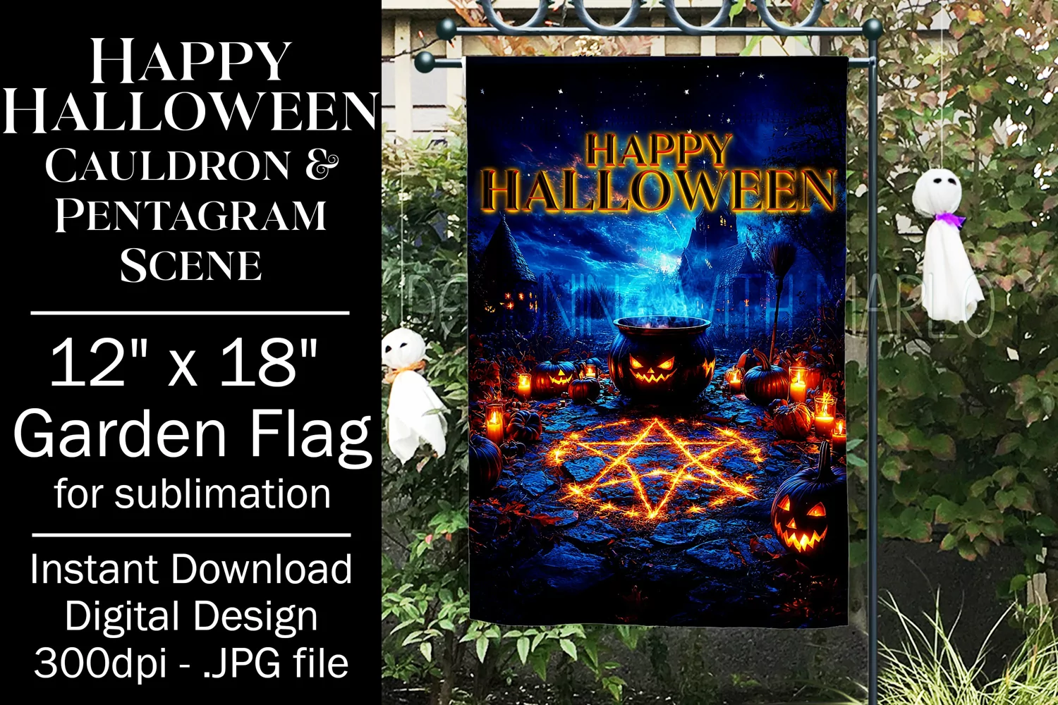 Halloween Garden Flag, Happy Halloween Cauldron Pentagram, 1 product image 1
