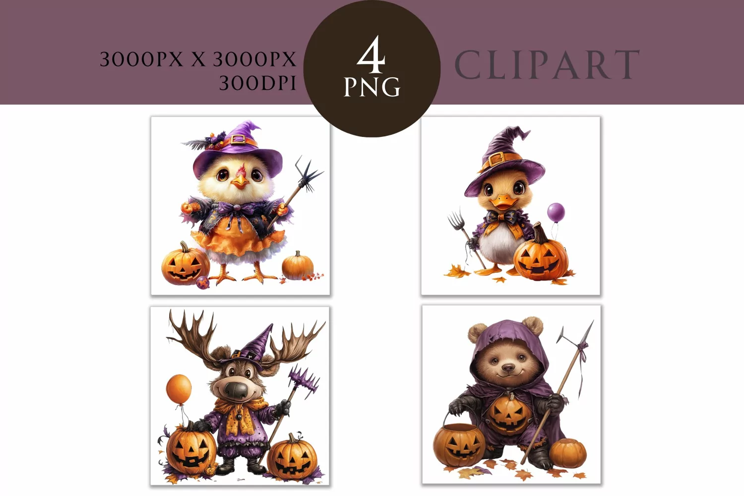 Halloween Cute Animals Watercolor Clipart PNG