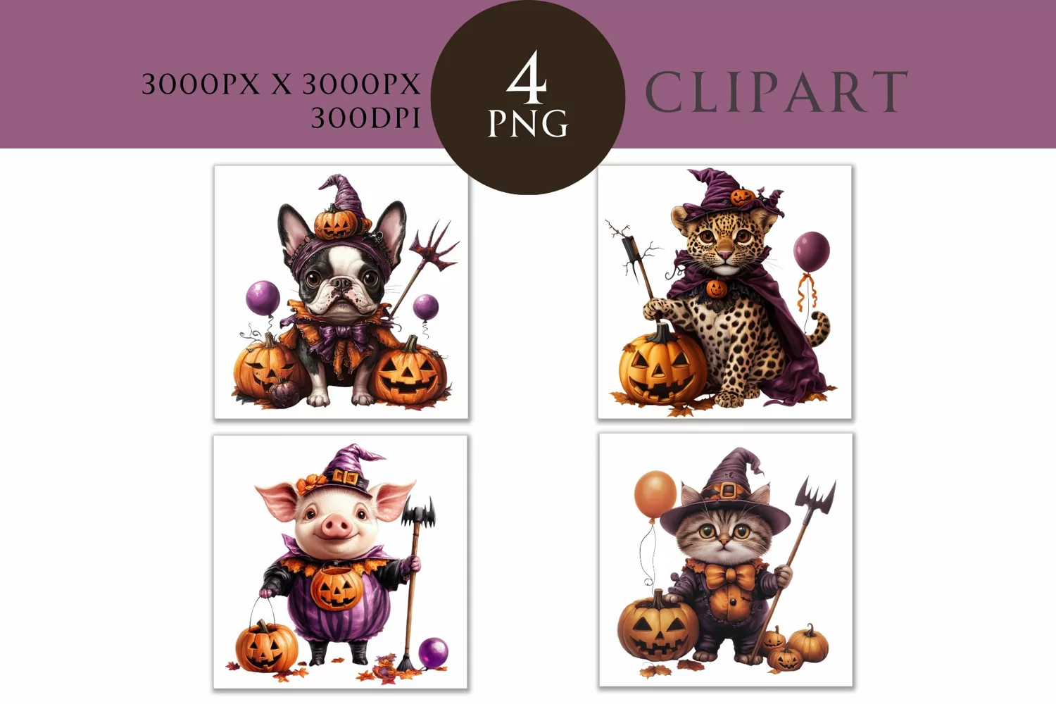 Halloween Cute Animals Watercolor Clipart PNG
