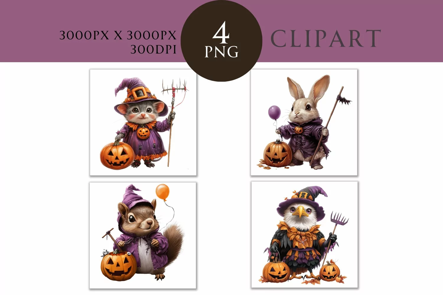 Halloween Cute Animals Watercolor Clipart PNG