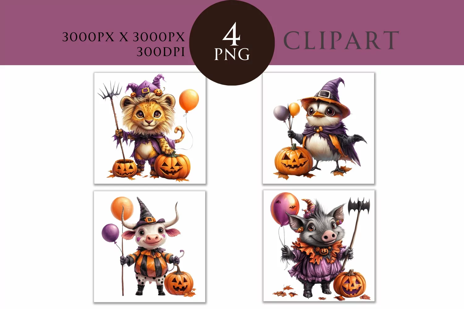 Halloween Cute Animals Watercolor Clipart PNG