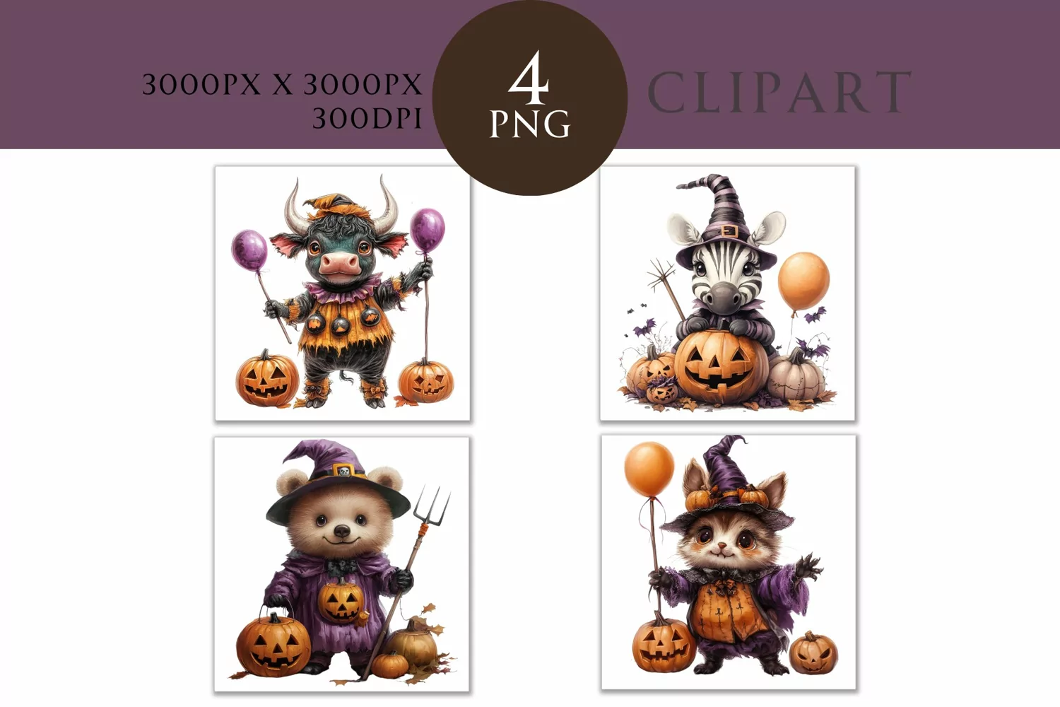 Halloween Cute Animals Watercolor Clipart PNG
