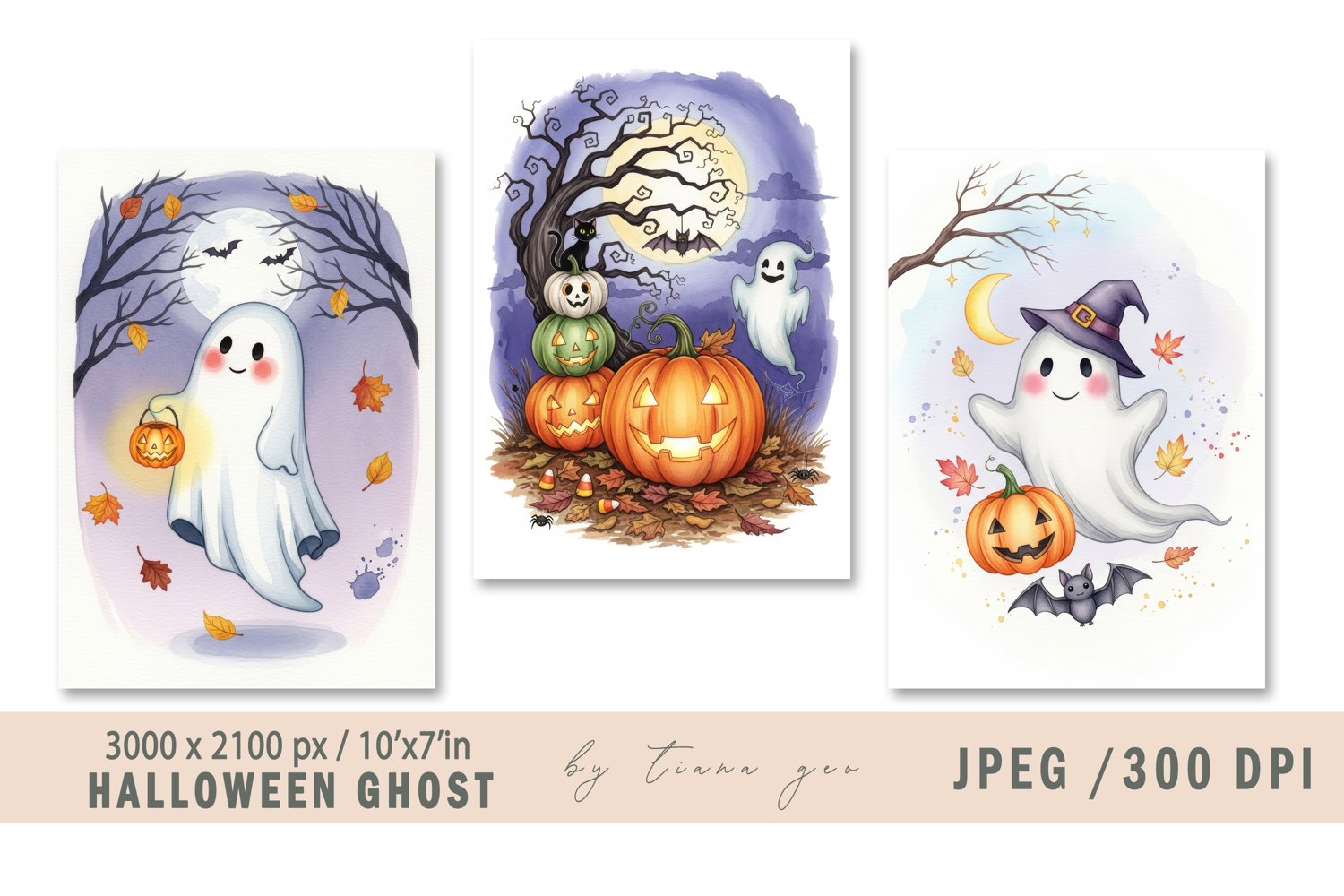 Cute watercolor Halloween ghost - 3 jpeg files product image 1