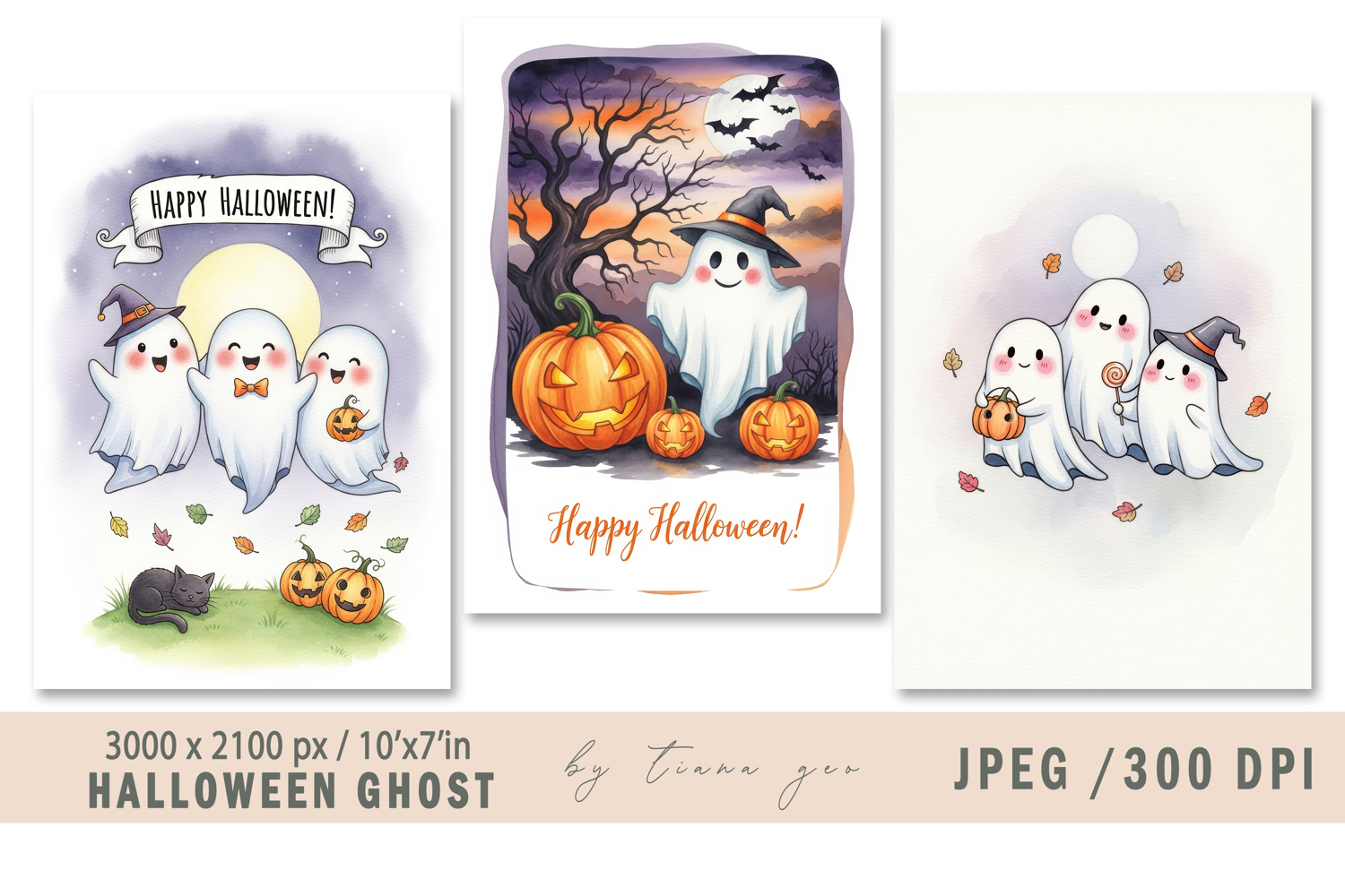 Cute watercolor Halloween ghost - 3 jpeg files product image 1