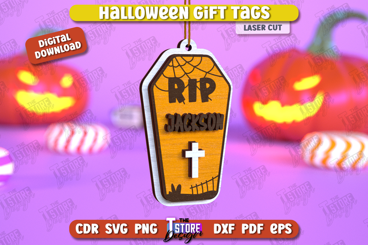Halloween Gift Tag Laser Cut Design, Halloween Ornament SVG product image 1
