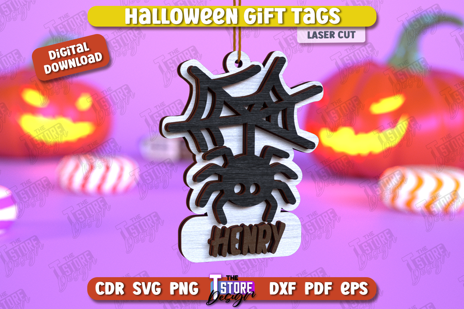 Halloween Gift Tag Laser Cut Design, Halloween Ornament SVG product image 1
