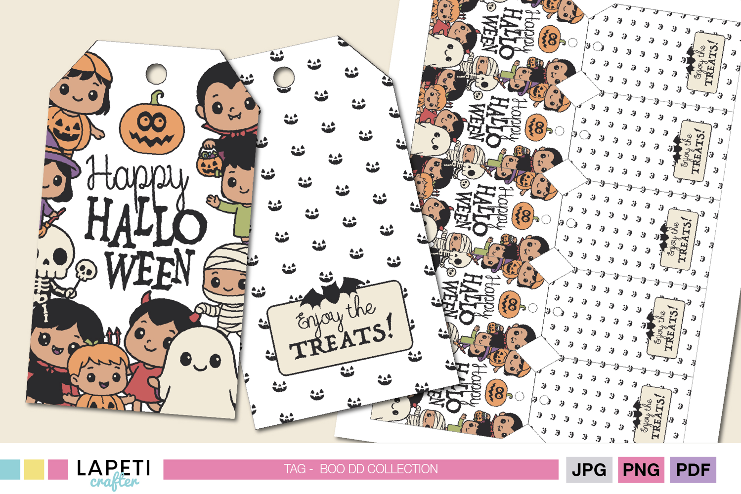 Printable Halloween tags featuring kawaii kids in costumes with “Happy Halloween” text.
