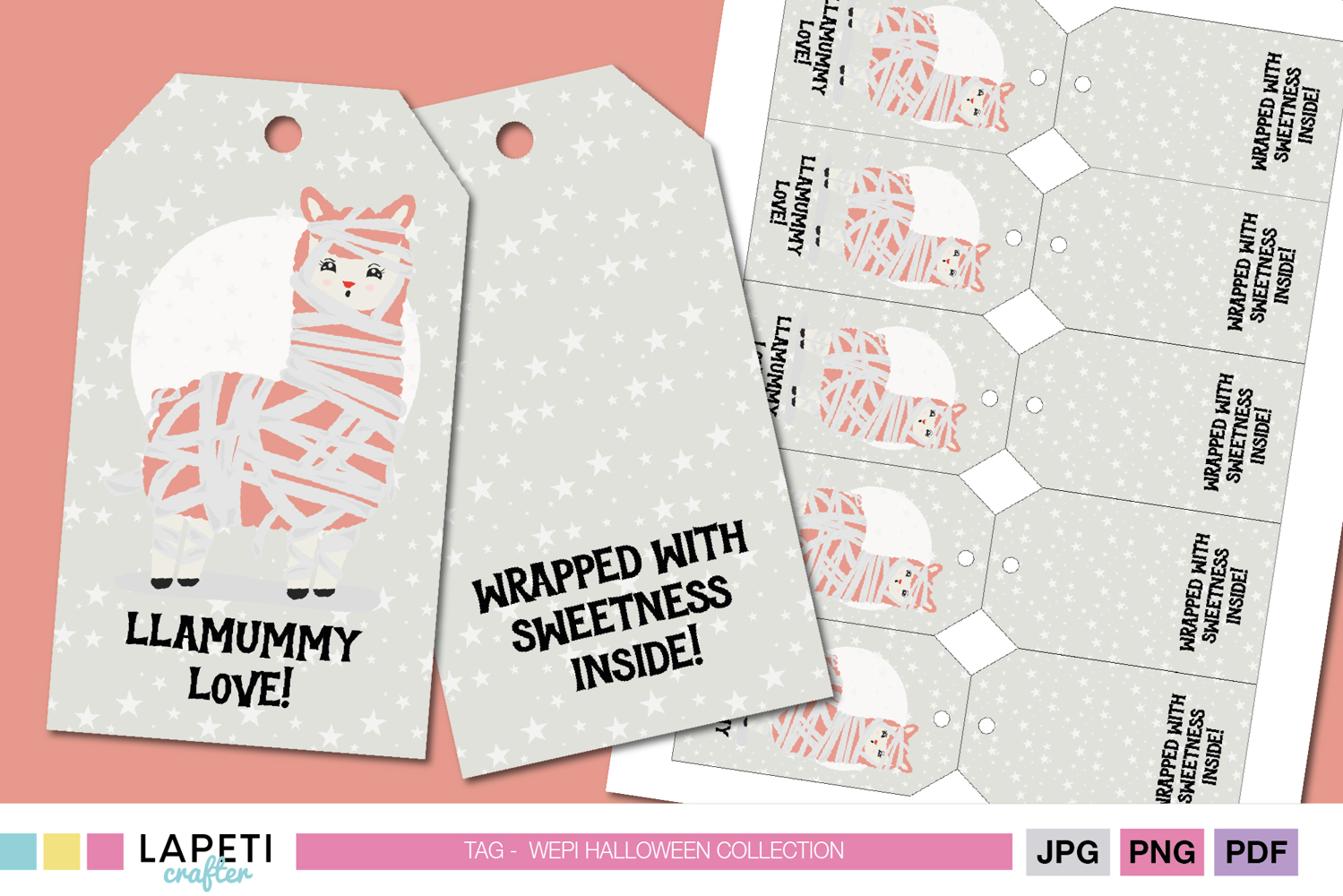 Printable Halloween llama mummy gift tags with moon and stars background, shown in full sheet layout.