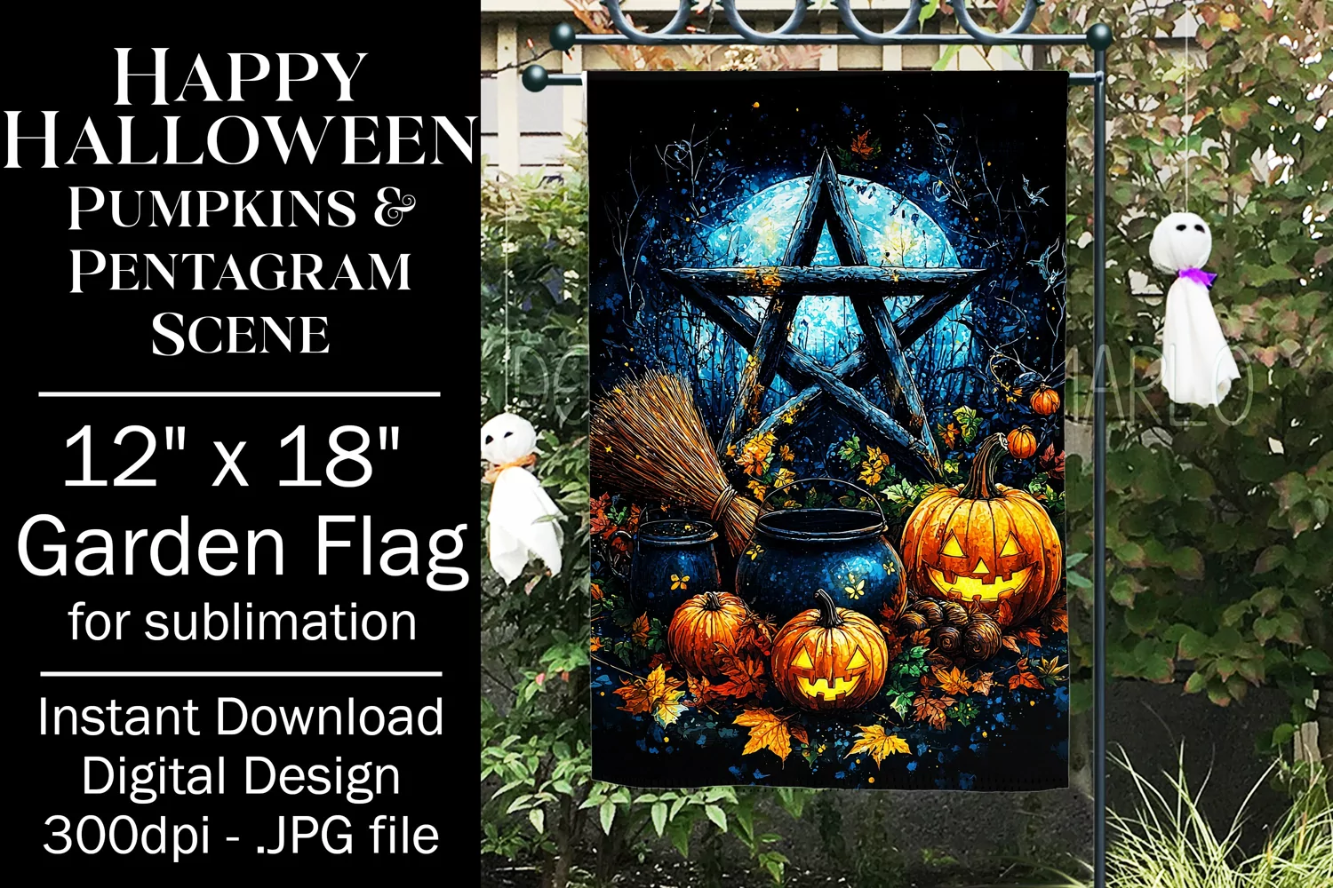 Halloween Garden Flag, Pentagram, Jack o Lanterns Scene, d1 product image 1