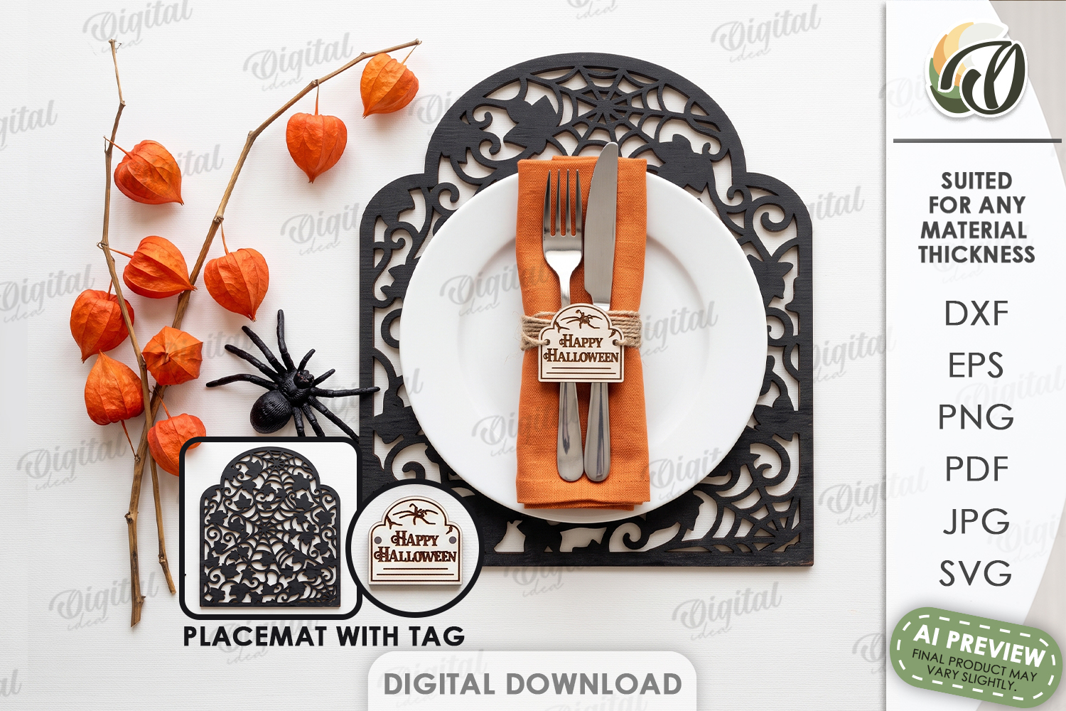 Halloween Placemat with Tag Laser Cut. Halloween Decor SVG product image 1