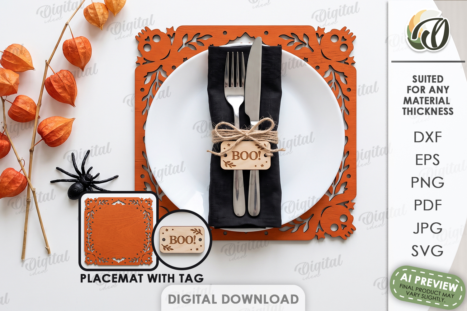 Halloween Placemat with Tag Laser Cut. Halloween Decor SVG product image 1