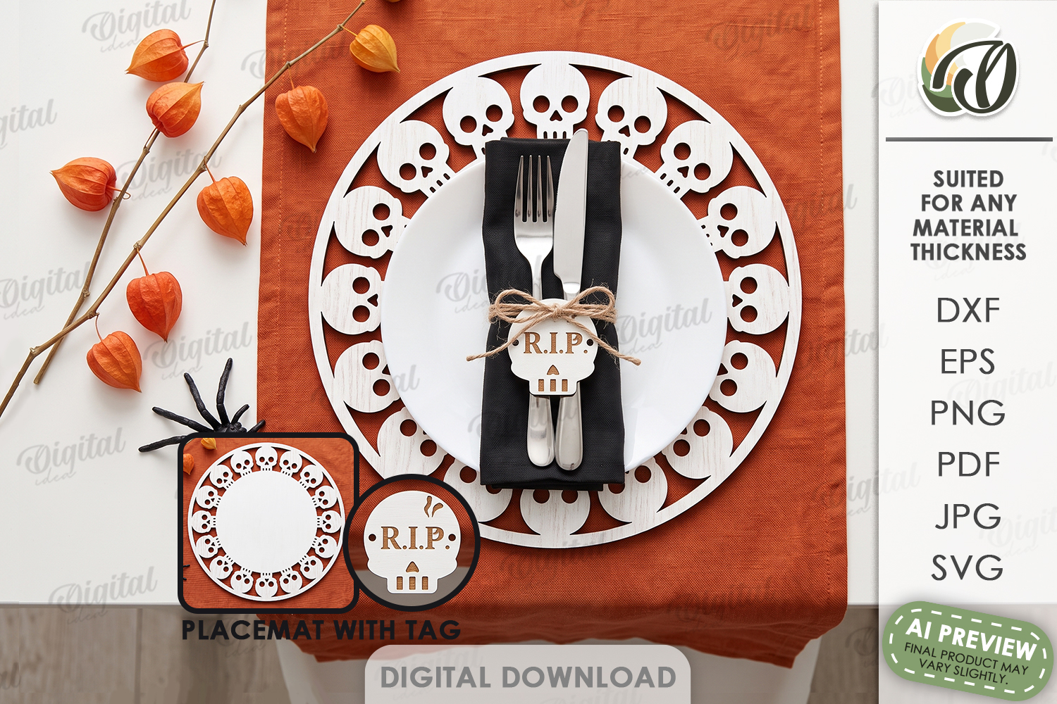Halloween Placemat with Tag Laser Cut. Halloween Decor SVG product image 1
