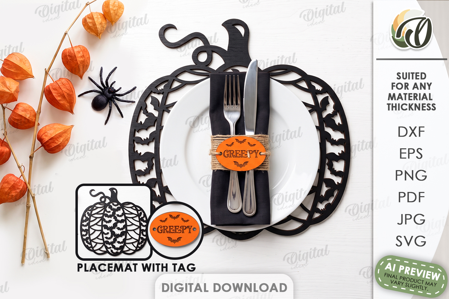 Halloween Placemat with Tag Laser Cut. Halloween Decor SVG product image 1