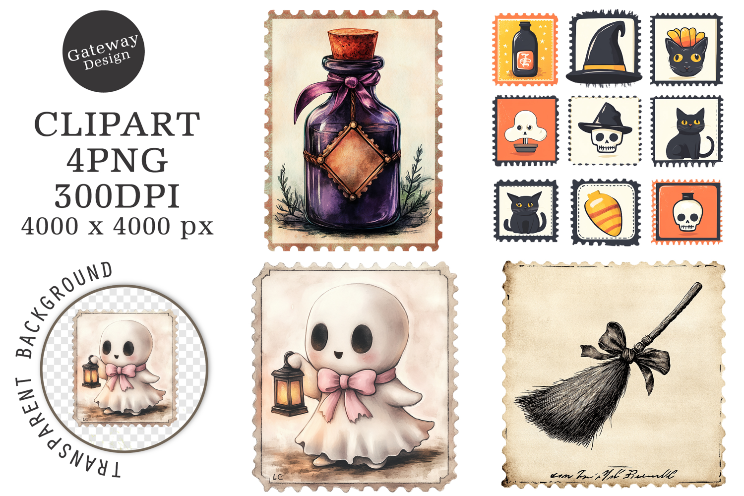 Halloween Postage Stamps Clipart PNG product image 1