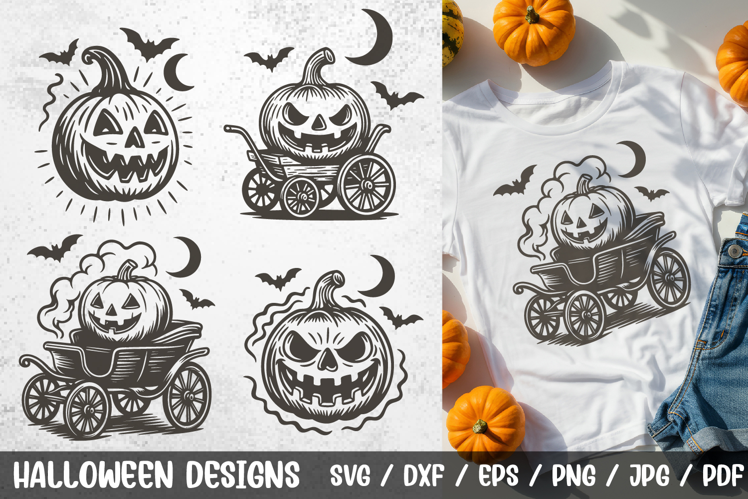 Halloween Pumpkin Carriage SVG – spooky vintage design set with jack o’lantern pumpkins, bats, and moon. Perfect for Cricut, Silhouette, t-shirts, mugs, cards, and Halloween crafts.