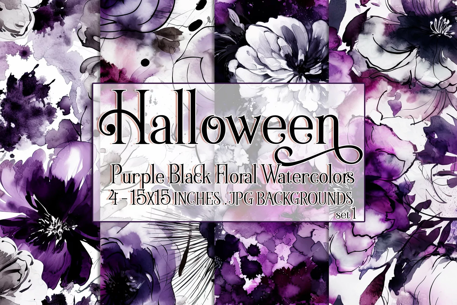 Halloween Backgrounds, 15x15 Purple Black Watercolor Floral product image 1