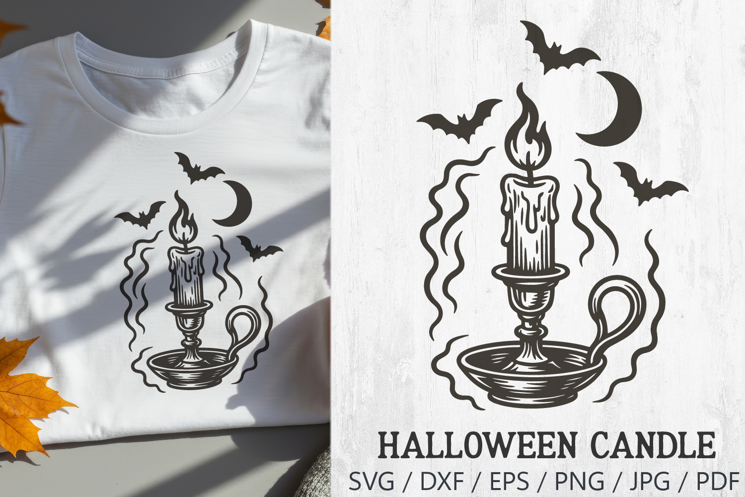 Halloween Retro Candle SVG featuring a spooky vintage candle in holder with crescent moon and bats. Perfect for vintage-style Halloween crafts such as t-shirts, mugs, tote bags, stickers, invitations, posters, and seasonal decorations. Easy to use with Cr