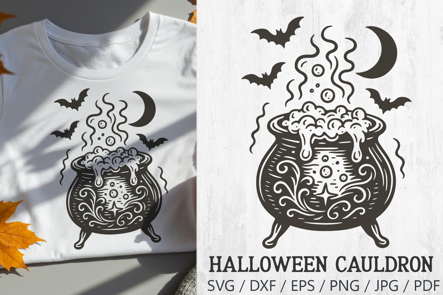 Halloween Retro Cauldron SVG featuring a vintage-style bubbling witch pot with steam, crescent moon, and bats. Perfect for Halloween crafts such as t-shirts, mugs, tote bags, posters, invitations, stickers, and spooky home decor. Works great with Cricut, 