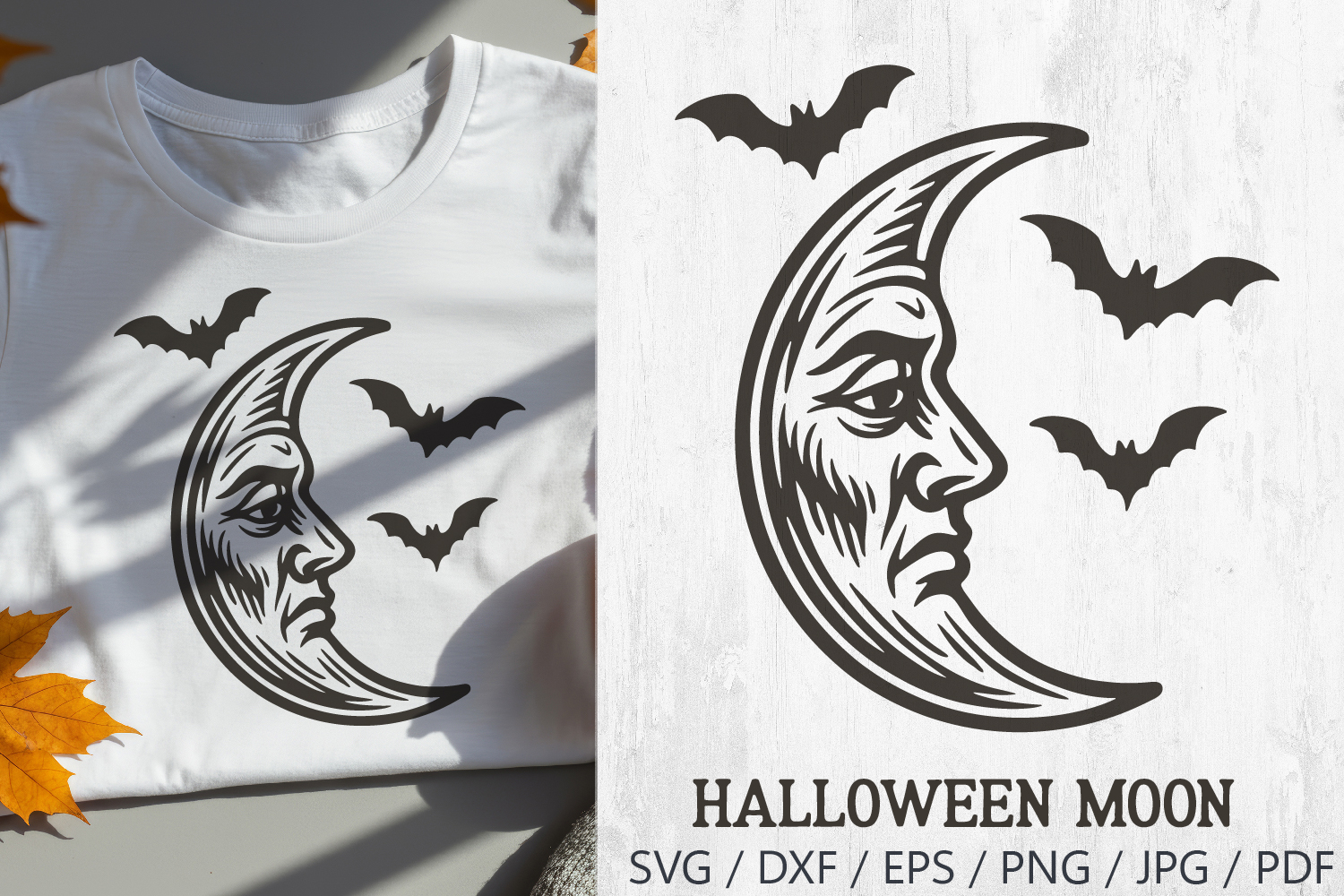 Halloween Retro Moon SVG in vintage style. A spooky crescent moon with a human face surrounded by flying bats. Perfect for Halloween projects such as t-shirts, mugs, posters, stickers, invitations, and gothic decor. Works with Cricut, Silhouette
