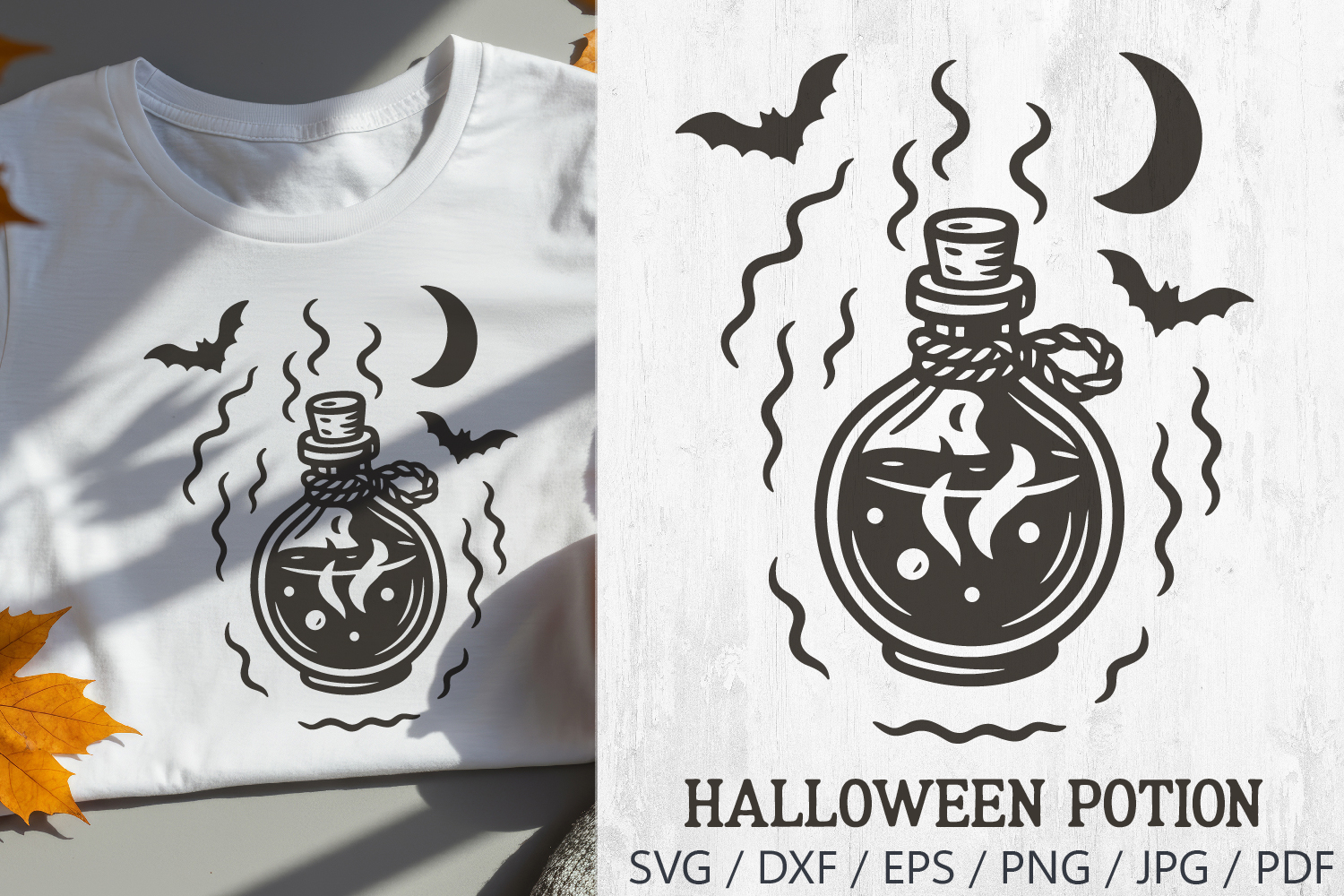 Halloween Retro Potion SVG in vintage style. A spooky witch potion bottle with mystical smoke, bats, and crescent moon. Perfect for Halloween projects such as t-shirts, mugs, posters, stickers, invitations, and gothic decor. Compatible with Cricut