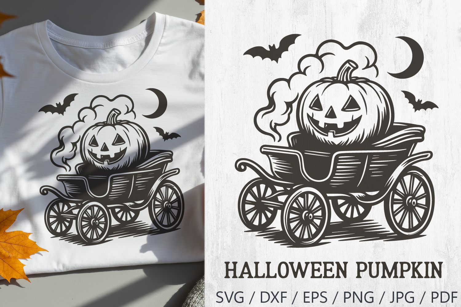Halloween Retro Pumpkin SVG in a vintage style. Features a spooky Jack O’Lantern sitting inside an old-fashioned carriage, surrounded by bats, smoke, and a crescent moon. Perfect for Halloween crafts such as t-shirts, mugs, posters, stickers, invitations,