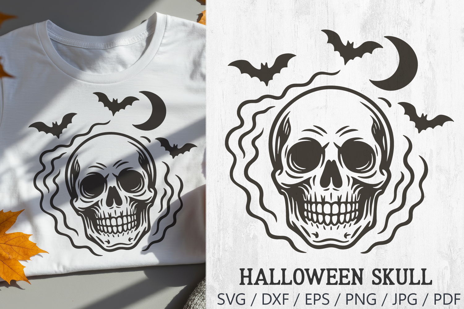 Halloween Retro Skull SVG design featuring a spooky skull with bats and a crescent moon. Perfect for vintage-style Halloween crafts such as t-shirts, mugs, tote bags, stickers, posters, invitations, and home decor. This design is easy to use with cutting 