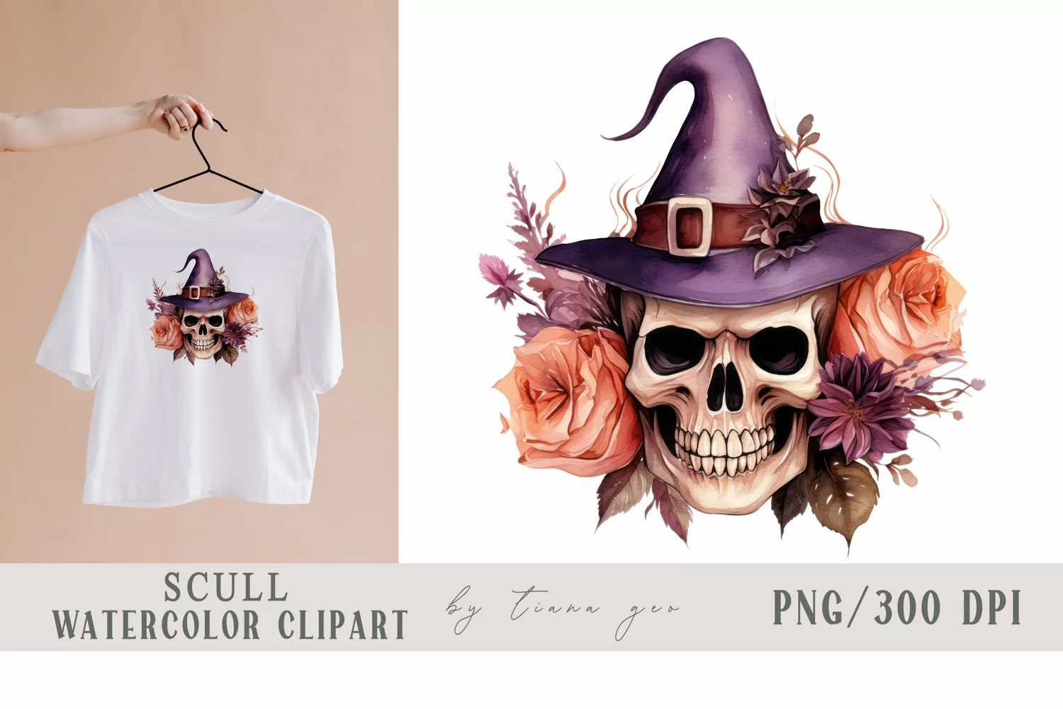 Halloween skull with witch hat clipart- 1 png product image 1