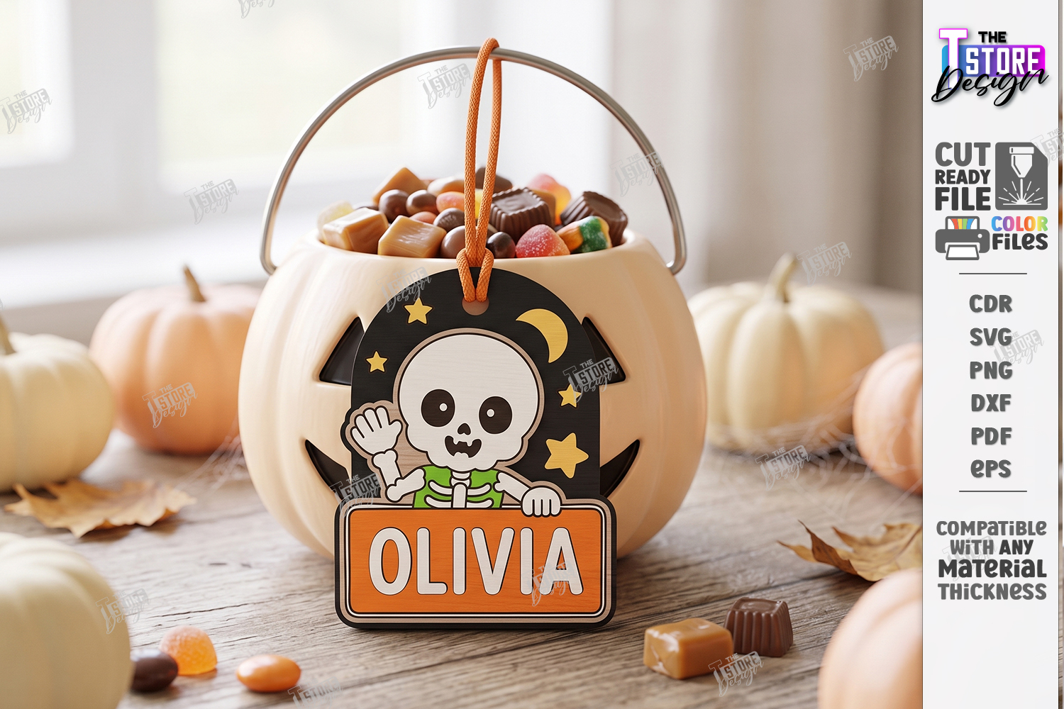 Halloween Basket Name Tag Laser Cut | Kids Tags | Skeleton product image 1