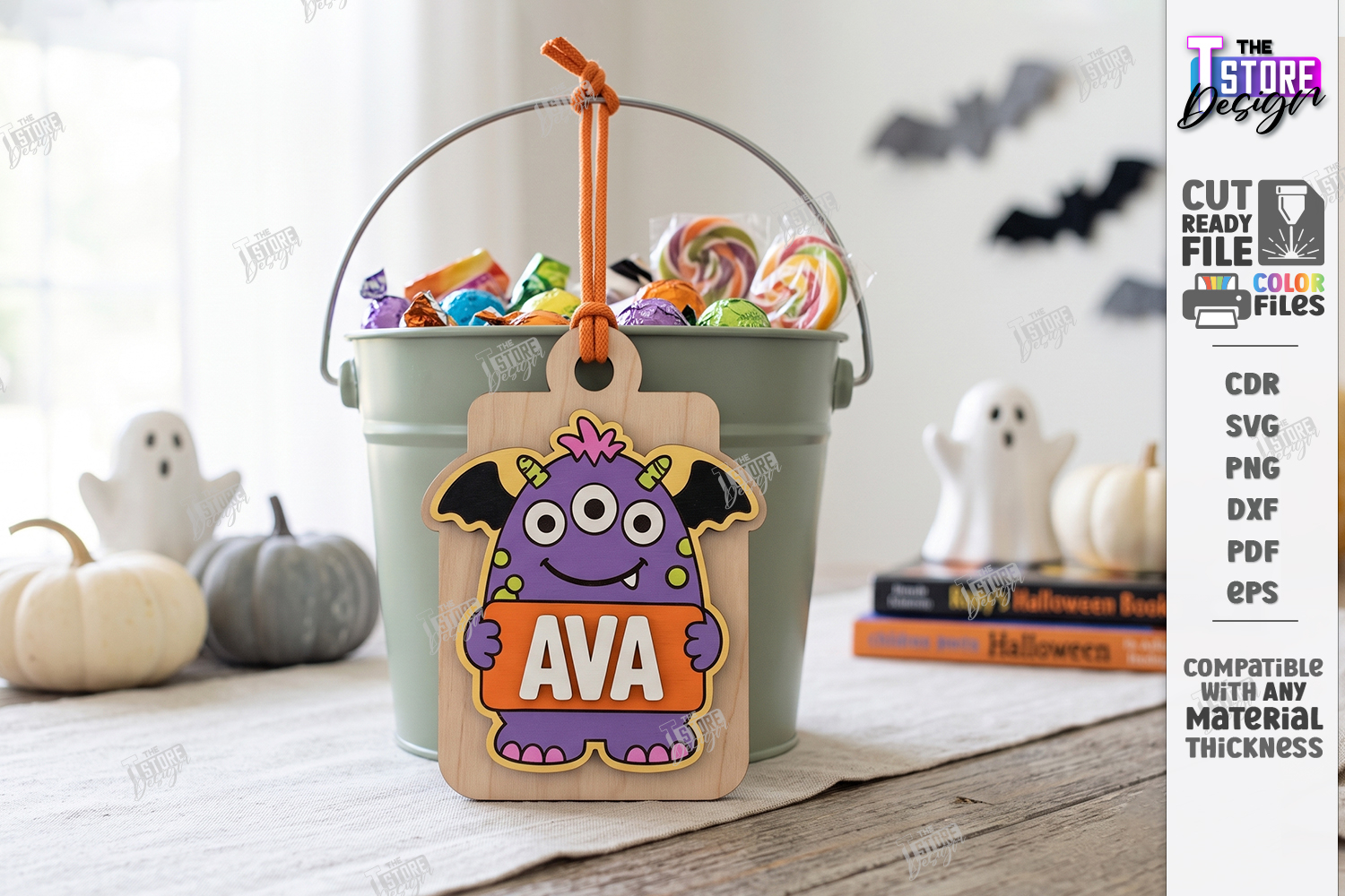 Halloween Basket Name Tag Laser Cut | Kids Tags | Monster product image 1