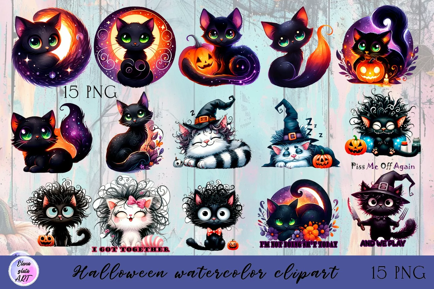 Black and white cat, Sarcastic halloween Clipart watercolor product image 1